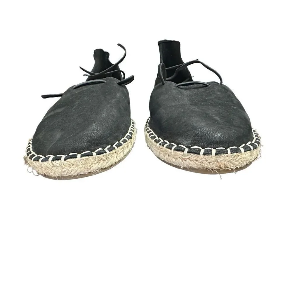 Eileen Fisher Flat Shoes Lace Leather Espadrille Wrap Sandal Black 8 Size: 81/2